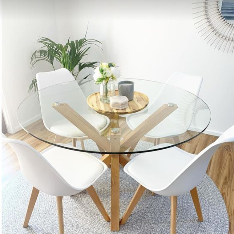 Comedor Jena redondo vidrio 120 cm con 4 Sillas Tulip 1