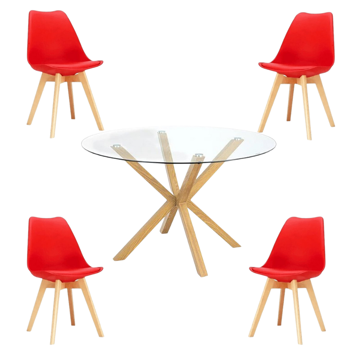 Comedor Jena redondo vidrio 120 cm con 4 Sillas Tulip 9