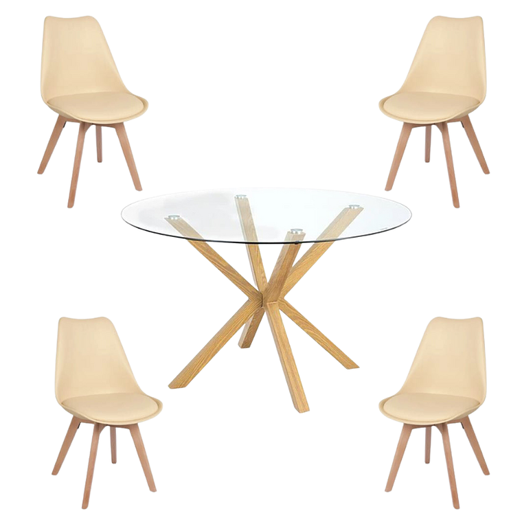 Comedor Jena redondo vidrio 120 cm con 4 Sillas Tulip 7