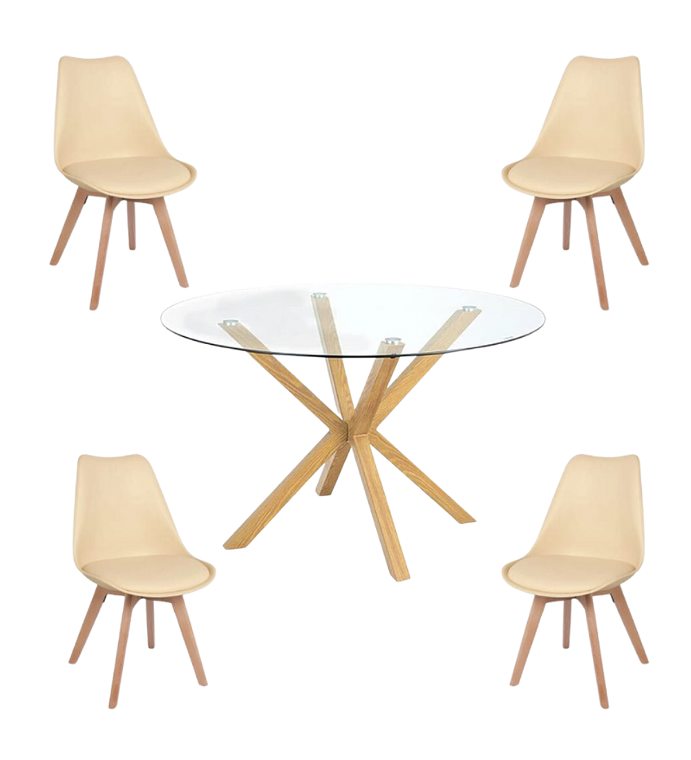 Comedor Jena redondo vidrio 100 cm con 4 Sillas Tulip