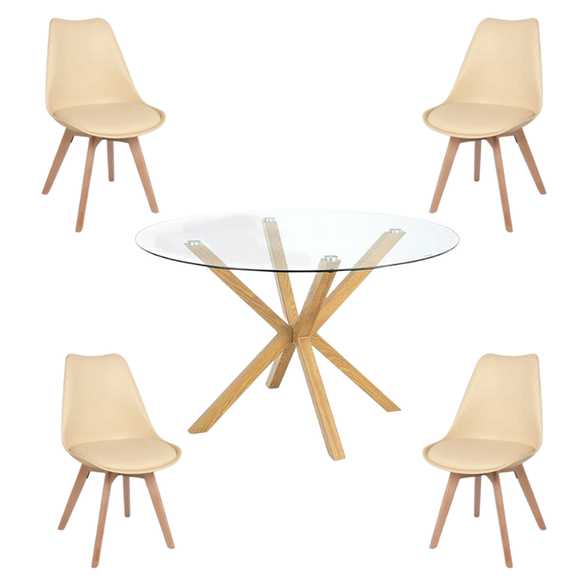 Comedor Jena redondo vidrio 100 cm con 4 Sillas Tulip 7