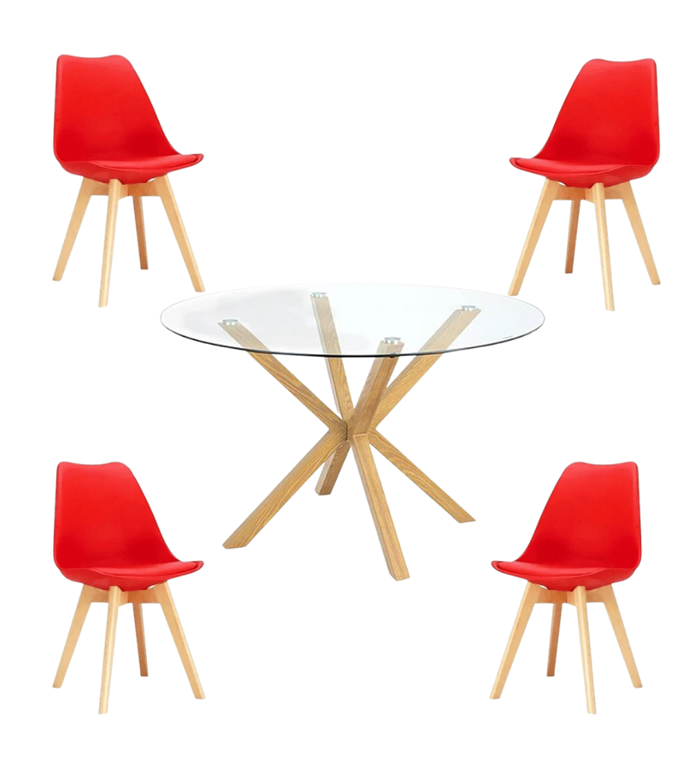 Comedor Jena redondo vidrio 100 cm con 4 Sillas Tulip