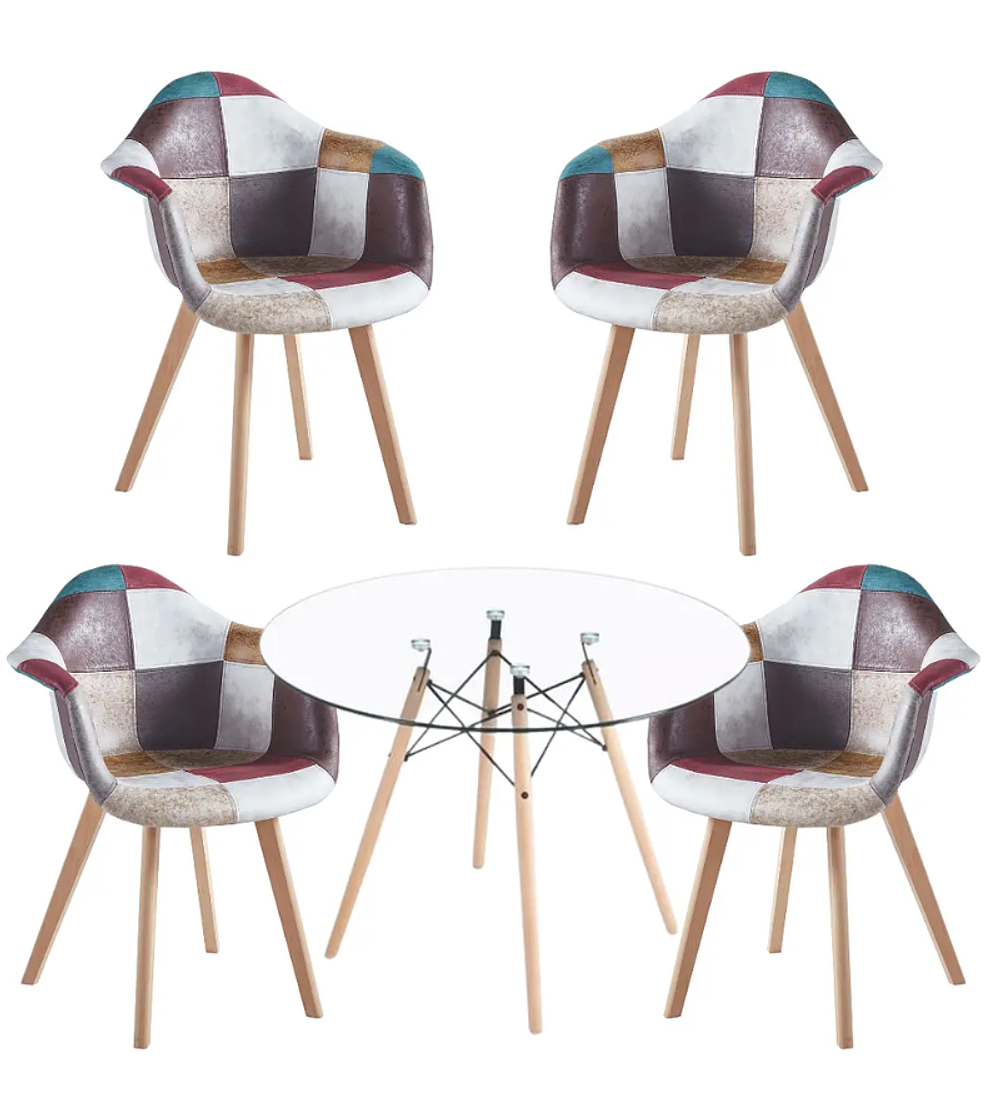 Comedor Dhuba redondo vidrio 80 cm con 4 Butacas Patchwork Botticelli