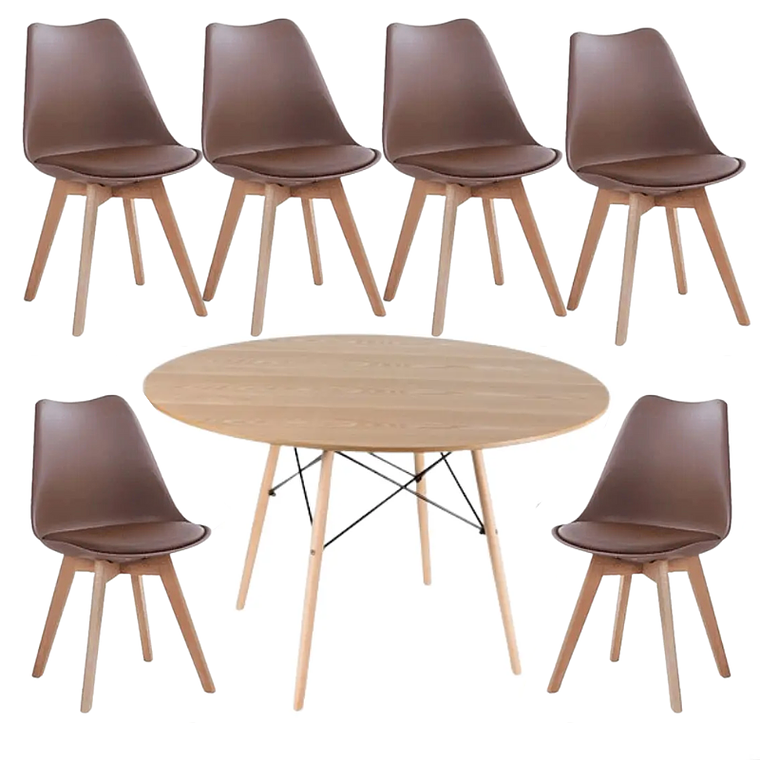 Comedor Riad redondo madera 120 cm con 6 Sillas Tulip 1