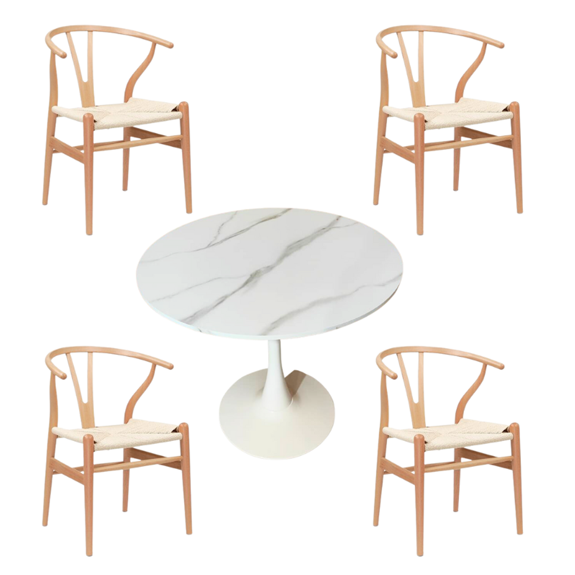 Comedor Bretaña blanco redondo 100 cm con 4 Sillas Wishbone madera 2