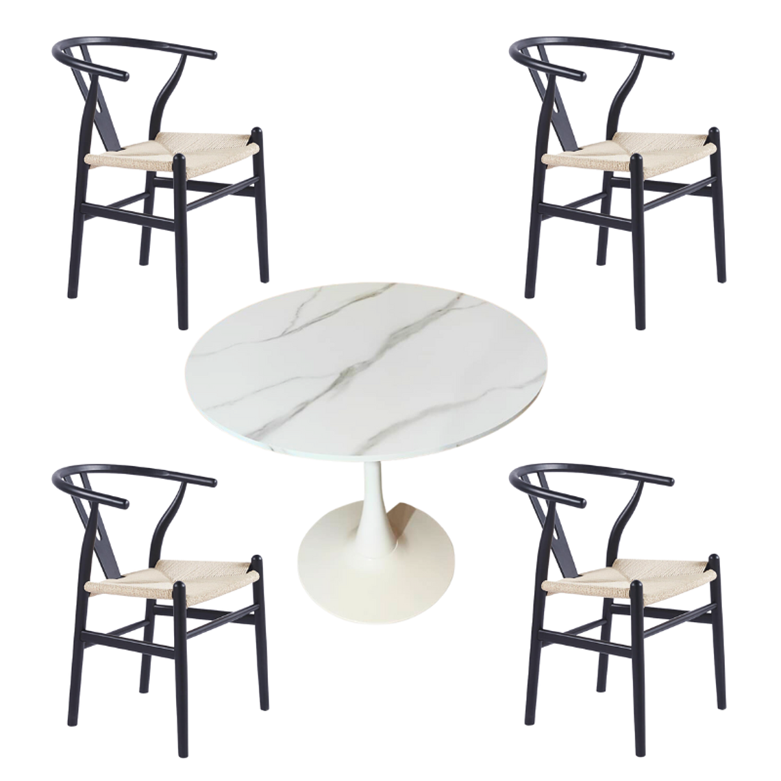 Comedor Bretaña blanco redondo 100 cm con 4 Sillas Wishbone madera 4