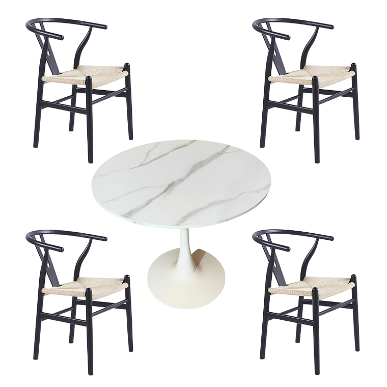 Comedor Bretaña blanco redondo 100 cm con 4 Sillas Wishbone madera 4