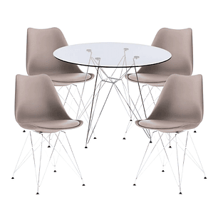 Comedor Iron redondo vidrio 80 cm y 4 Sillas Tulip Iron