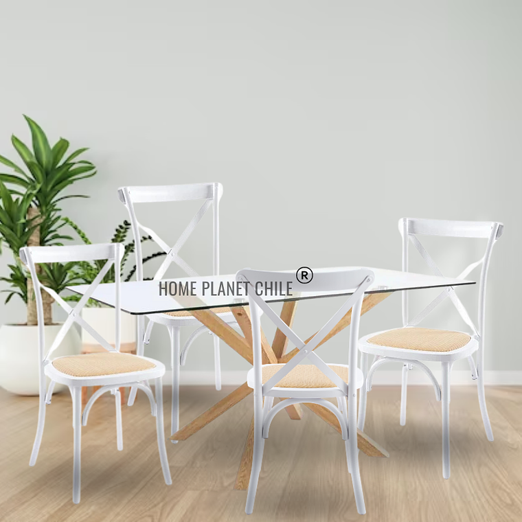 Comedor Acra rectangular vidrio 140x80cm con 4 Silla Crossback Danubio madera rattan 3