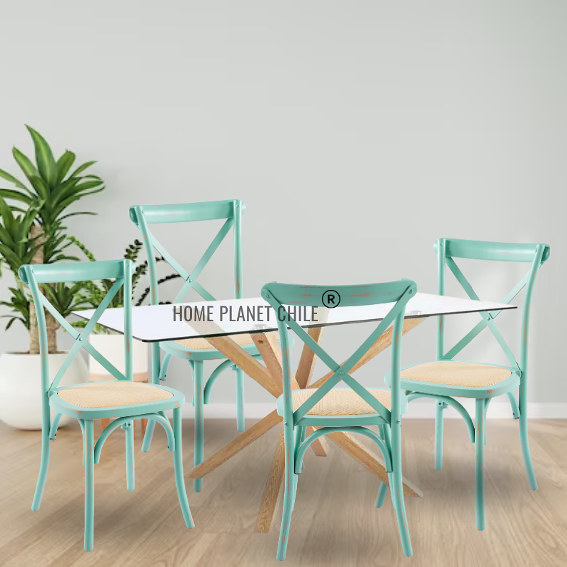 Comedor Acra rectangular vidrio 140x80cm con 4 Silla Crossback Danubio madera rattan 4
