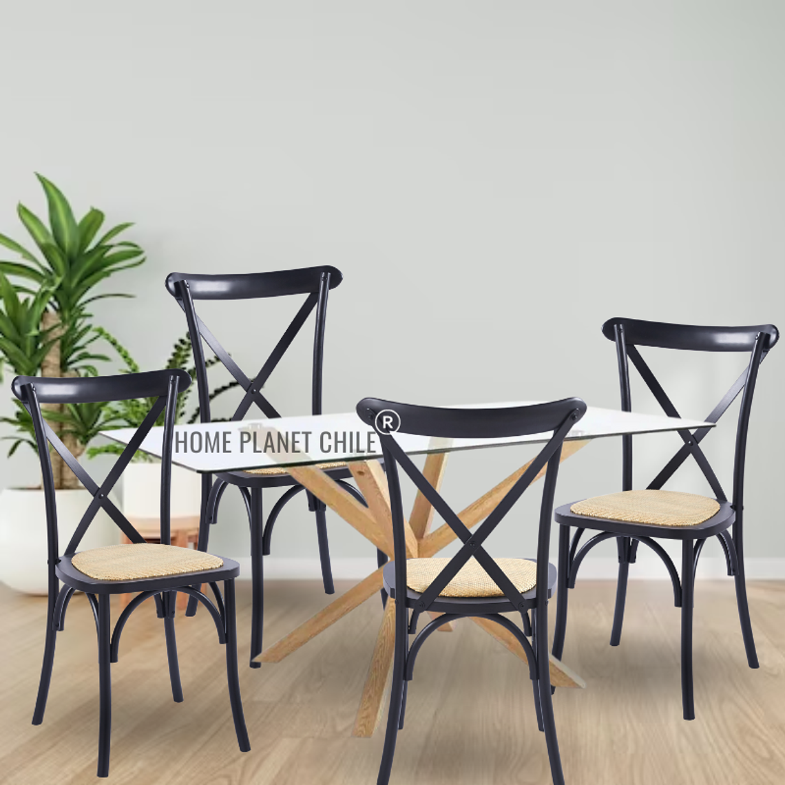 Comedor Acra rectangular vidrio 140x80cm con 4 Silla Crossback Danubio madera rattan 2
