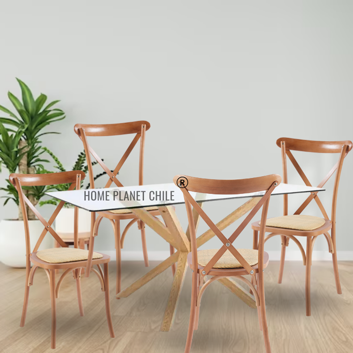 Comedor Acra rectangular vidrio 140x80cm con 4 Silla Crossback Danubio madera rattan 1