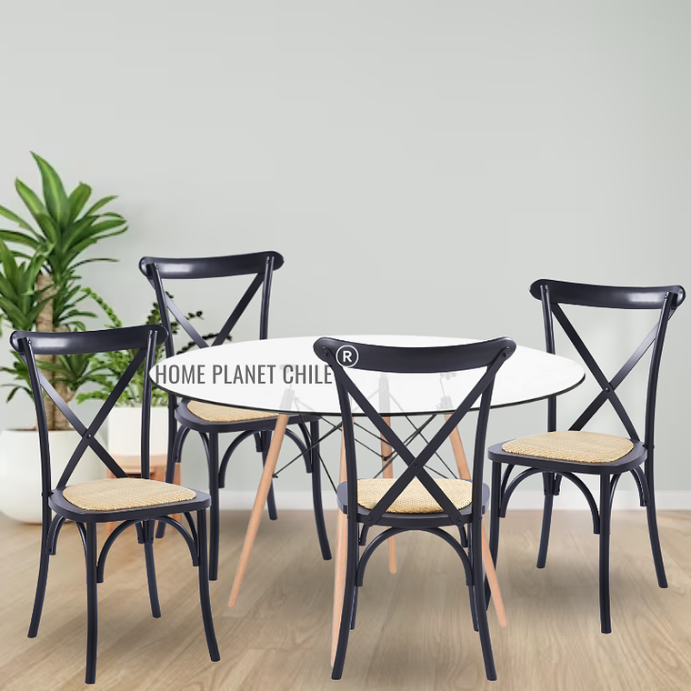 Comedor Konya redondo vidrio 100 cm con 4 Silla Crossback Danubio madera rattan 1