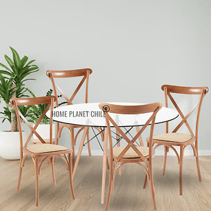Comedor Konya redondo vidrio 100 cm con 4 Silla Crossback Danubio madera rattan