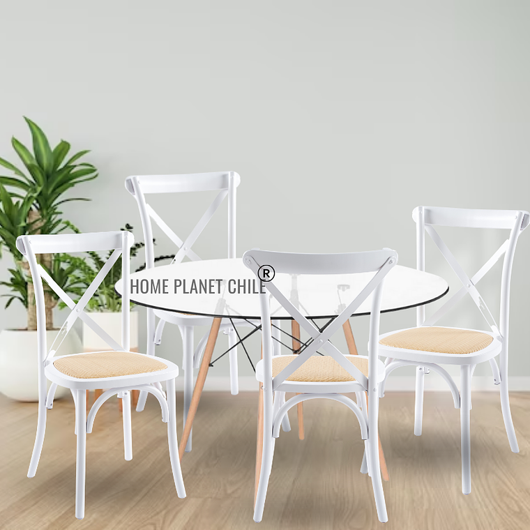 Comedor Konya redondo vidrio 100 cm con 4 Silla Crossback Danubio madera rattan 4