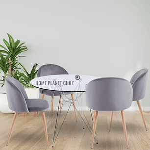Comedor Bari redondo vidrio 80 cm con 4 Silla Breda Velvet gris