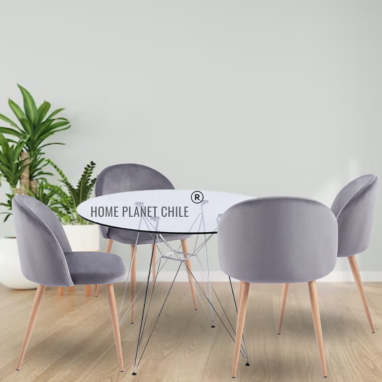 Comedor Bari redondo vidrio 80 cm con 4 Silla Breda Velvet gris 1