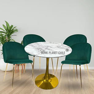 Comedor Mersin redondo blanco 100 cm con 4 Sillas breda gold