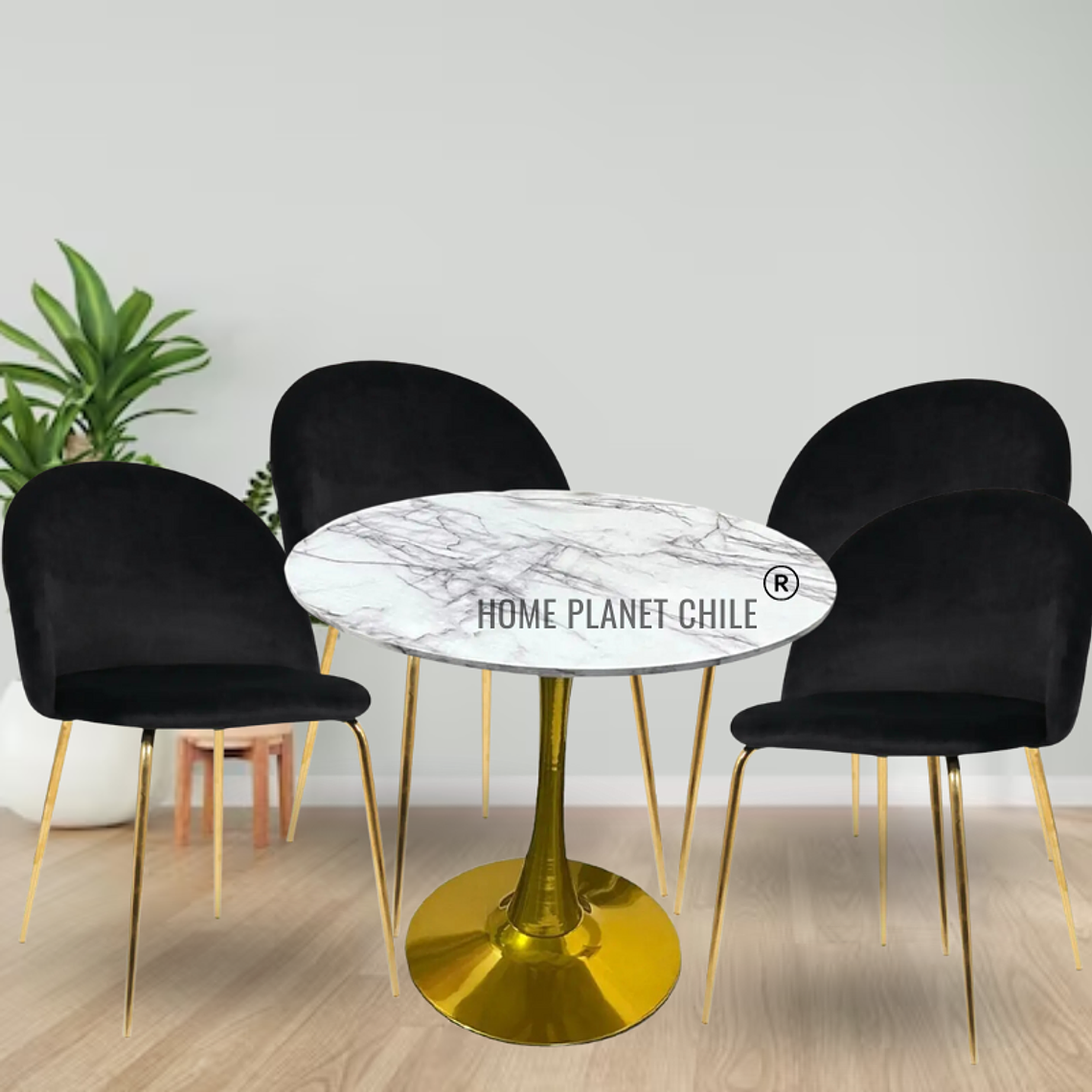 Comedor Mersin redondo blanco 100 cm con 4 Sillas breda gold 3