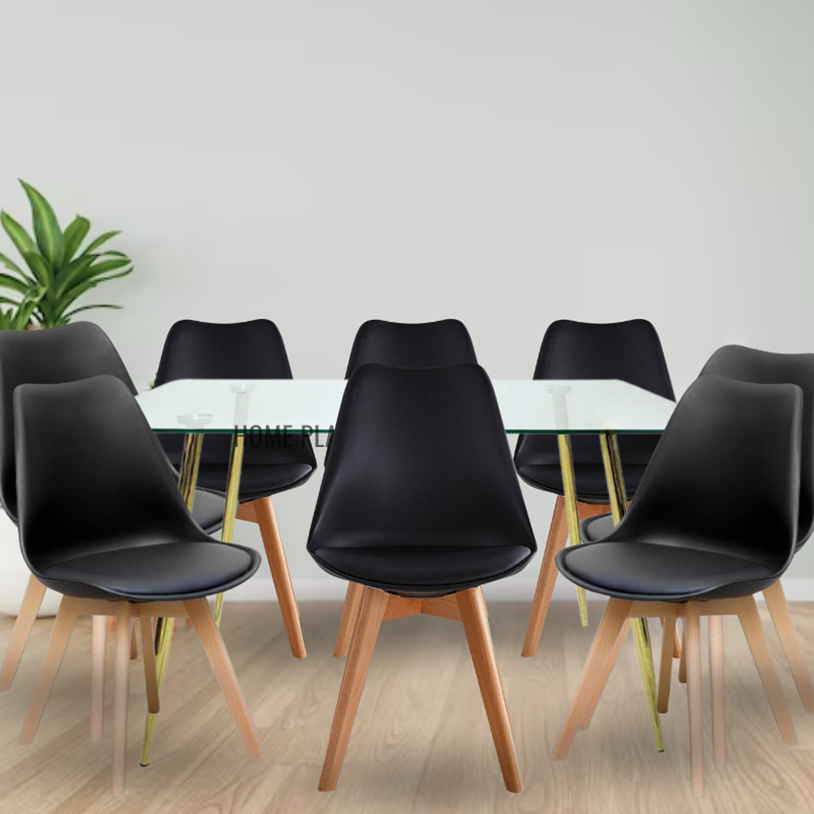 Comedor Buzios Gold rectangular vidrio 160x90 cm con 8 Sillas Tulip 2