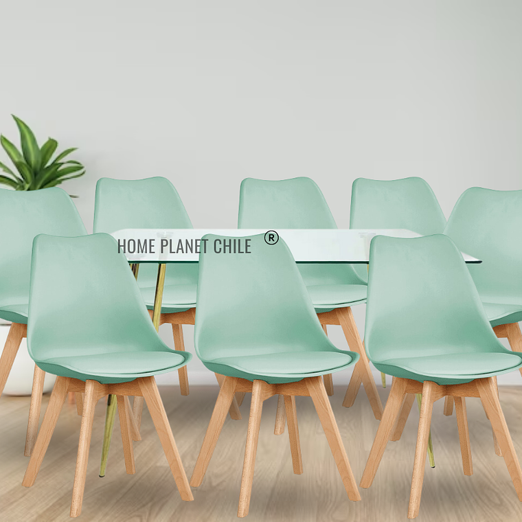 Comedor Buzios Gold rectangular vidrio 160x90 cm con 8 Sillas Tulip 5