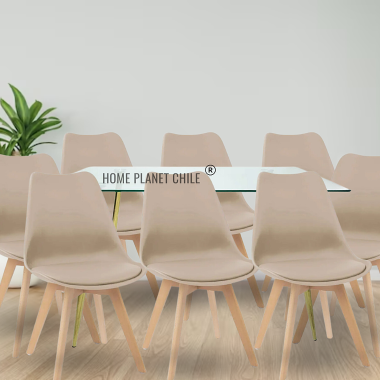 Comedor Buzios Gold rectangular vidrio 160x90 cm con 8 Sillas Tulip 7