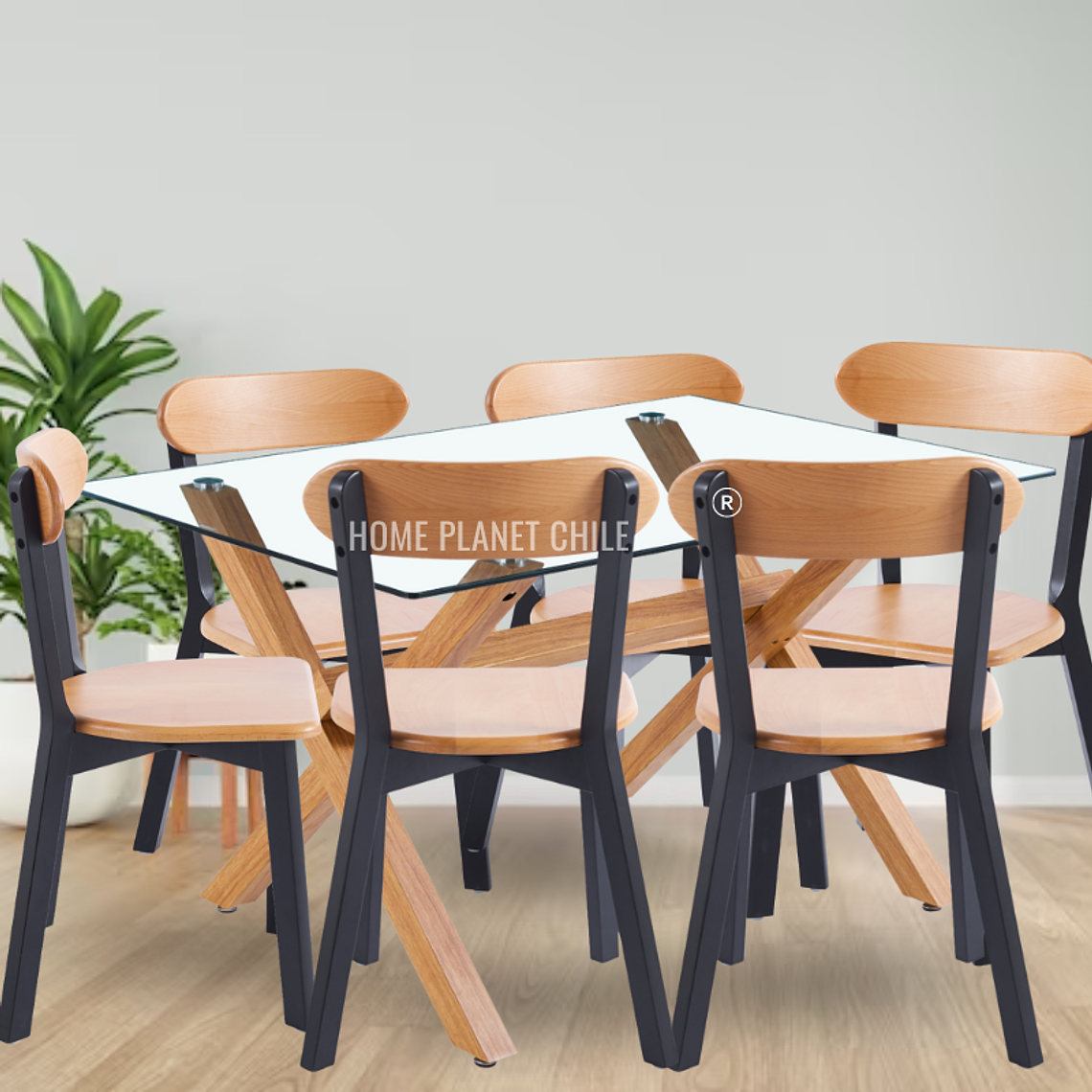 Comedor Chester rectangular vidrio 140x90 cm con 6 Sillas Fresno de Madera 2