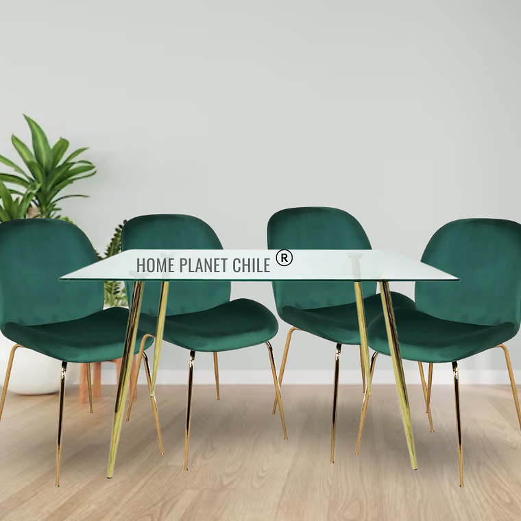 Comedor Sena Gold rectangular vidrio 130x80 cm con 4 Sillas Sena Velvet 5