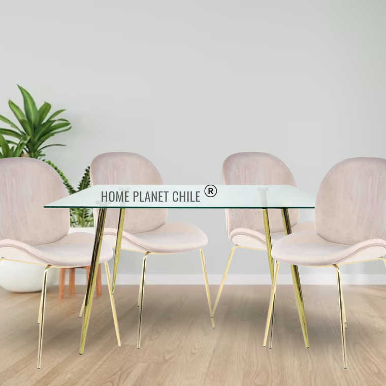 Comedor Sena Gold rectangular vidrio 130x80 cm con 4 Sillas Sena Velvet 9