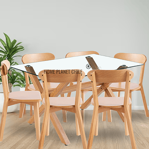 Comedor Chester rectangular vidrio 140x90 cm con 6 Sillas Fresno de Madera