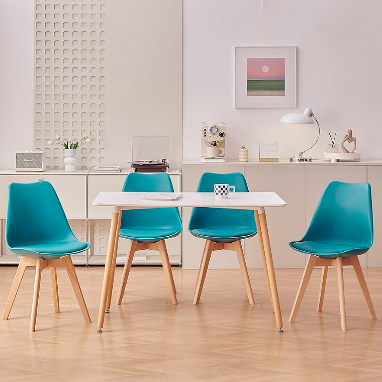 Comedor Atenas rectangular blanca 120x80 cm y 4 Sillas Tulip 14