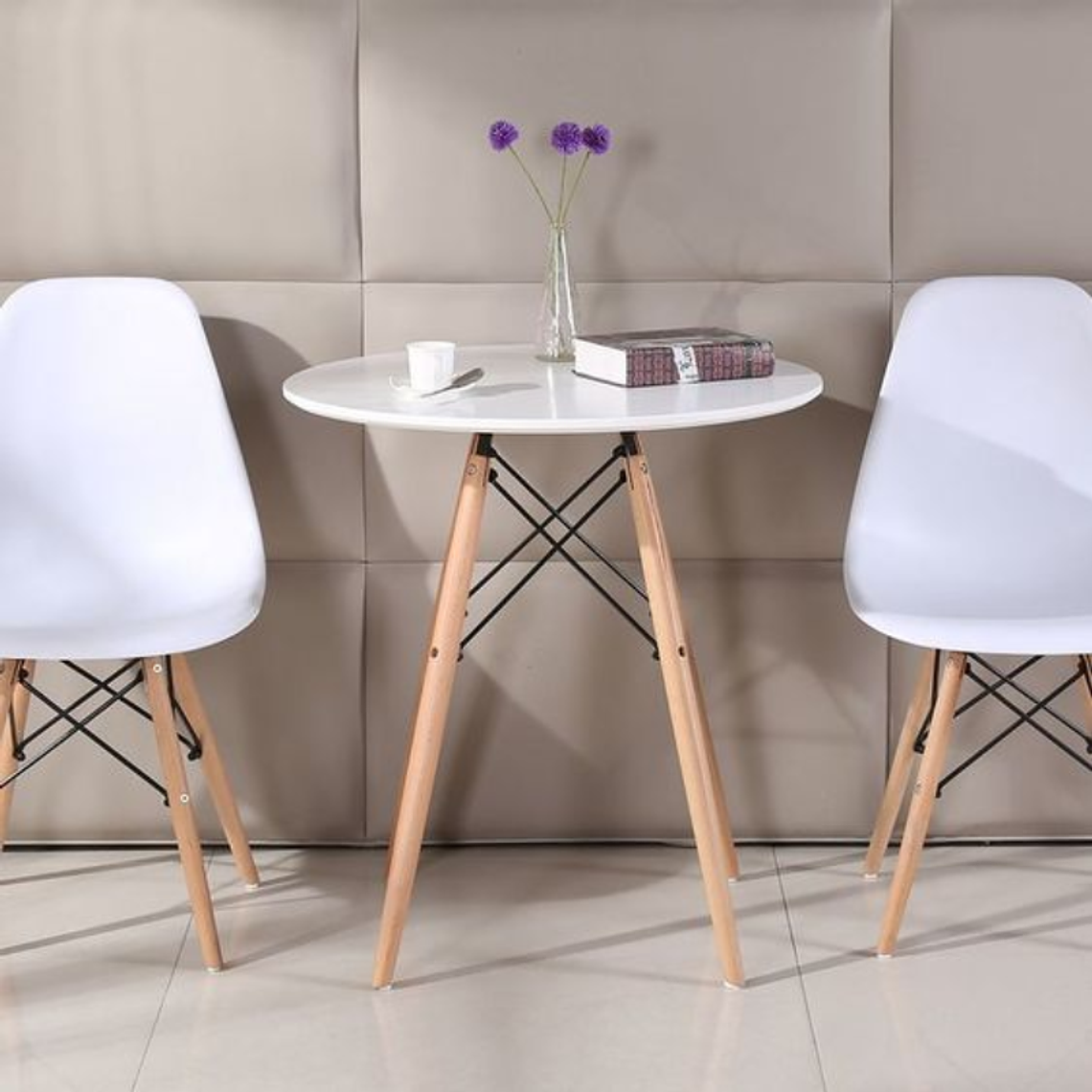 Comedor Argel redondo blanco 80 cm con 2 Sillas Eames 2