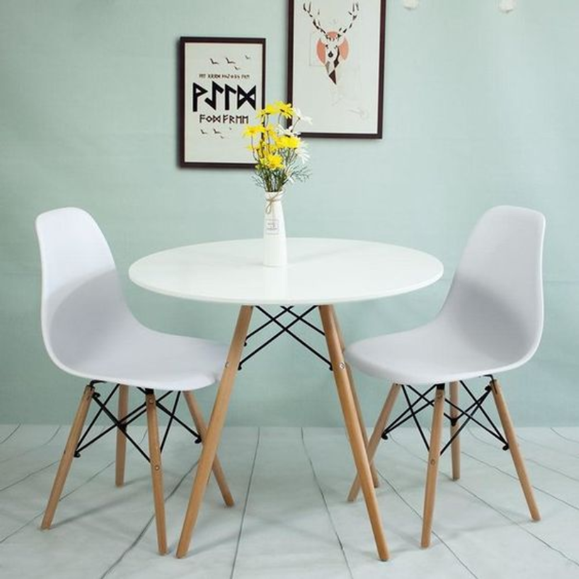 Comedor Argel redondo blanco 80 cm con 2 Sillas Eames 1