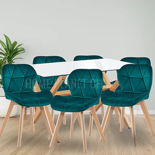 Comedor Mesa Medlock rectangular vidrio 140x90 cm con 6 Sillas Mariposas Rubik Wood Velvet verdes