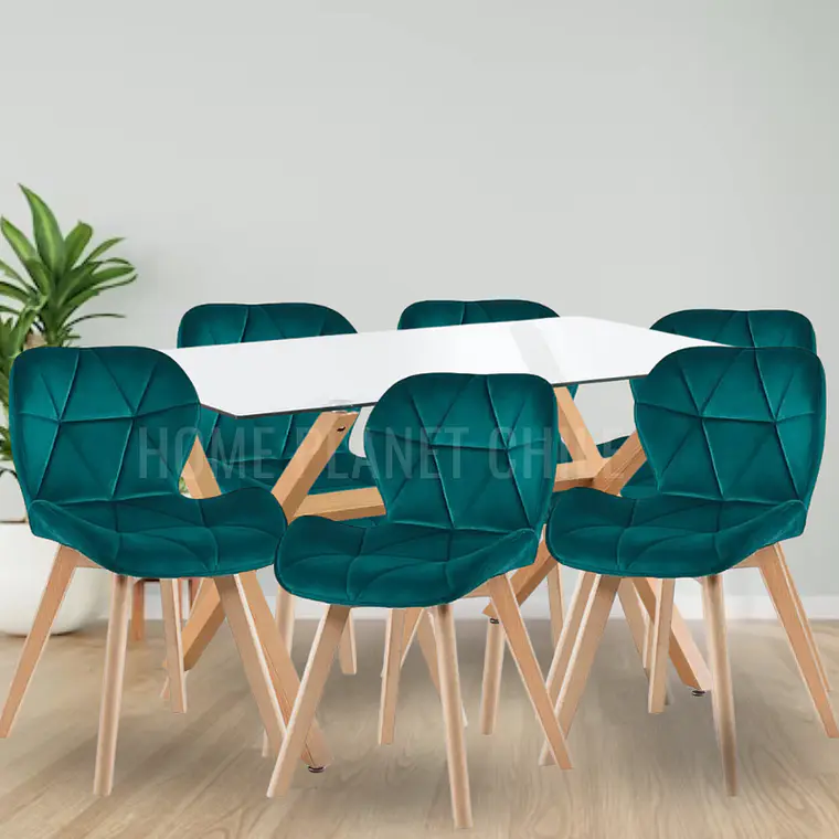 Comedor Lisse rectangular vidrio 140x90 cm con 6 Sillas Mariposas Rubik Wood Velvet verdes 1