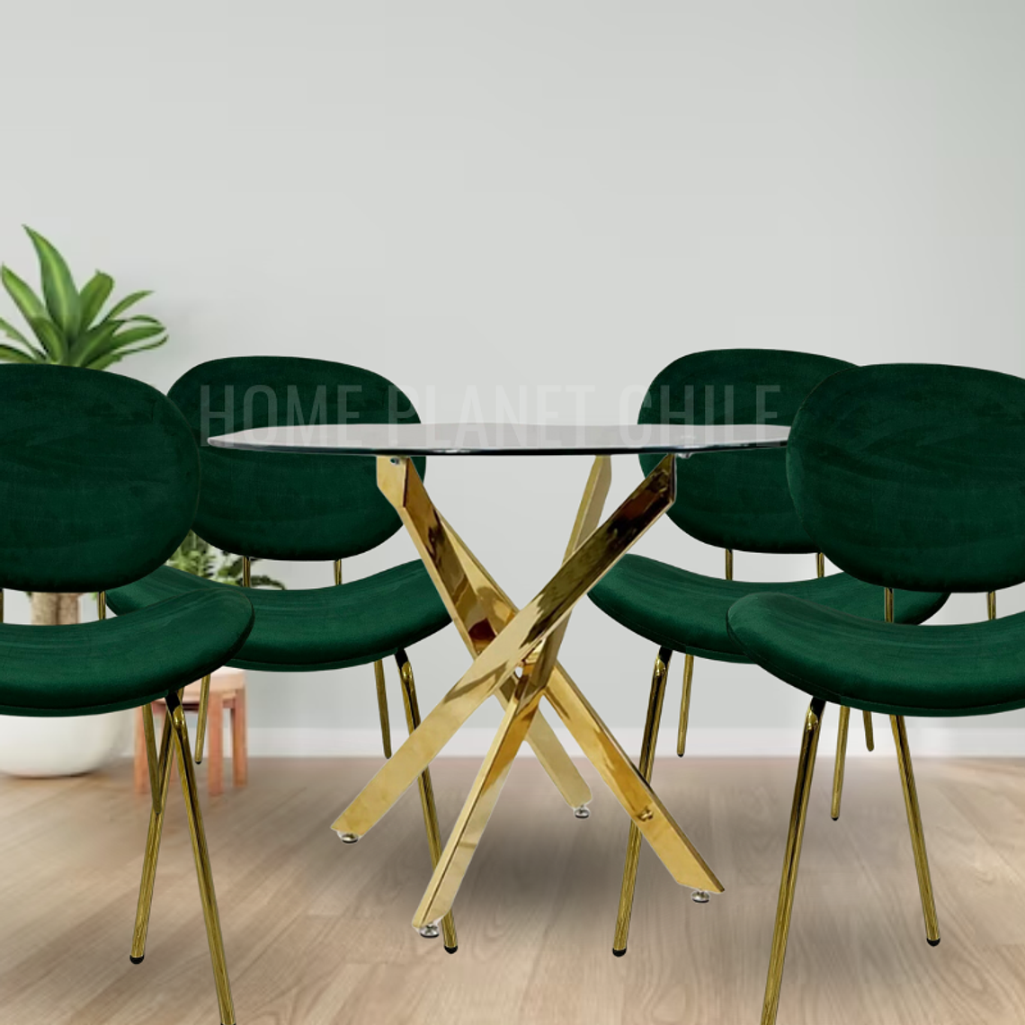 Comedor Ribe redondo vidrio 120 cm con 4 Sillas Ribe Gold 1