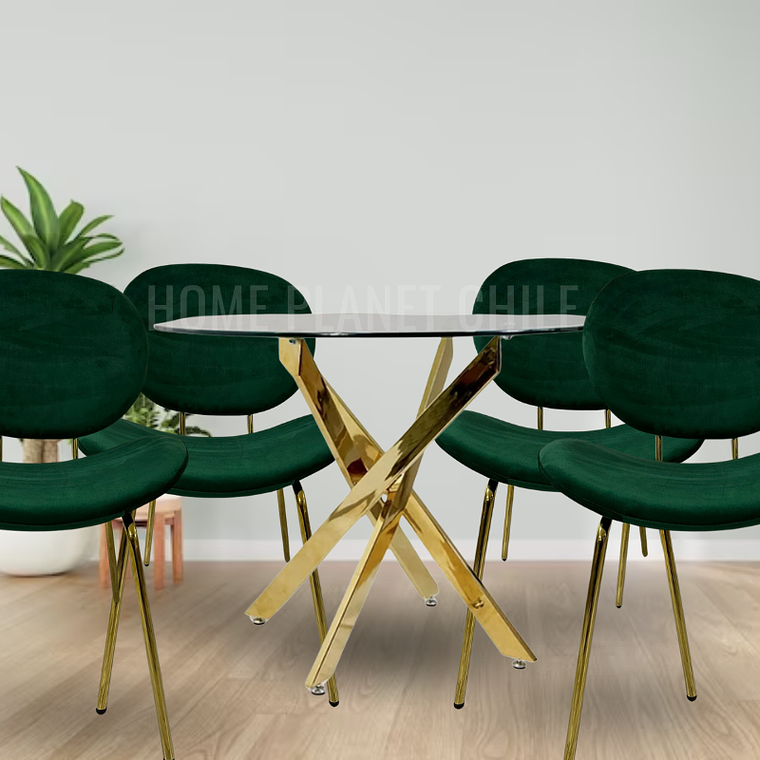 Comedor Ribe redondo vidrio 120 cm con 4 Sillas Ribe Gold 1