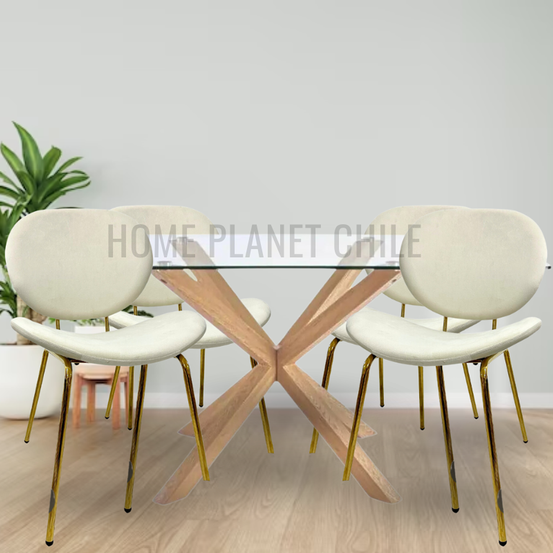 Comedor Boras rectangular vidrio 140x80 cm con 4 Sillas Ribe Gold 2