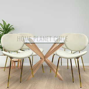 Comedor Boras rectangular vidrio 140x80 cm con 4 Sillas Ribe Gold