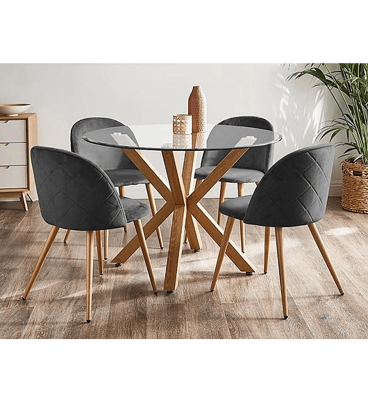 Comedor Asgard redondo vidrio 100 cm con 4 Sillas Breda Velvet