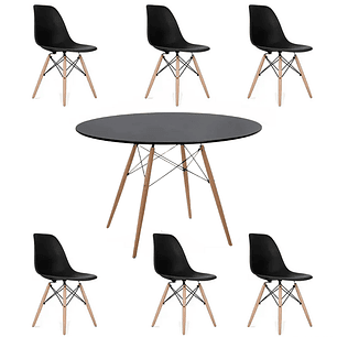 Comedor Oman redondo negro 120 cm con 6 Sillas Eames