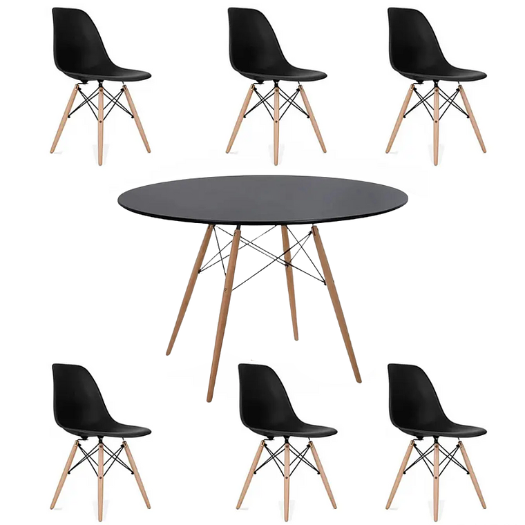 Comedor Oman redondo negro 120 cm con 6 Sillas Eames 1