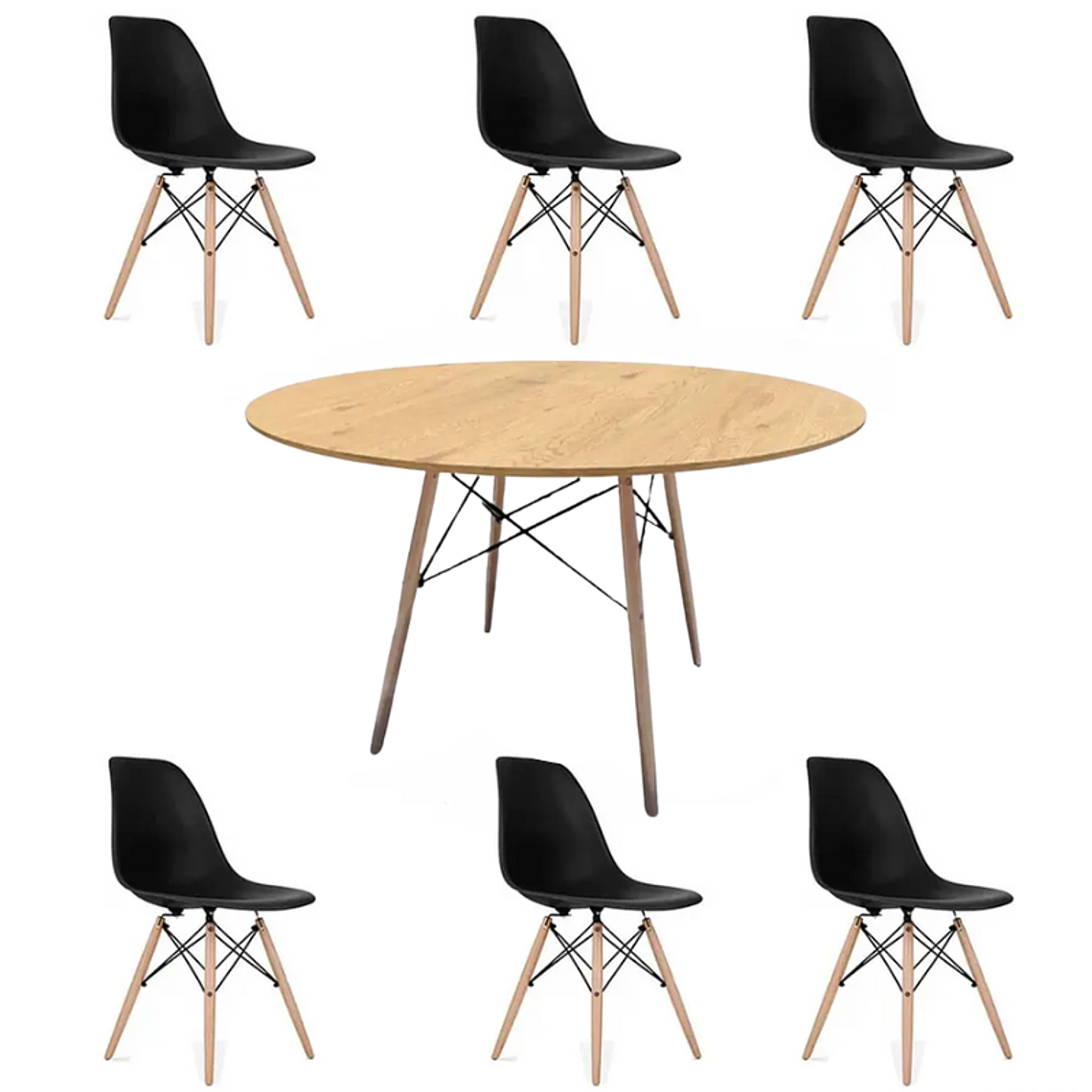 Comedor Oman redondo madera 120 cm con 6 Sillas Eames 2