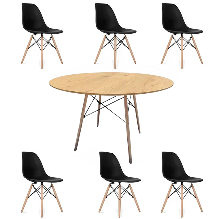 Comedor Oman redondo madera 120 cm con 6 Sillas Eames 2