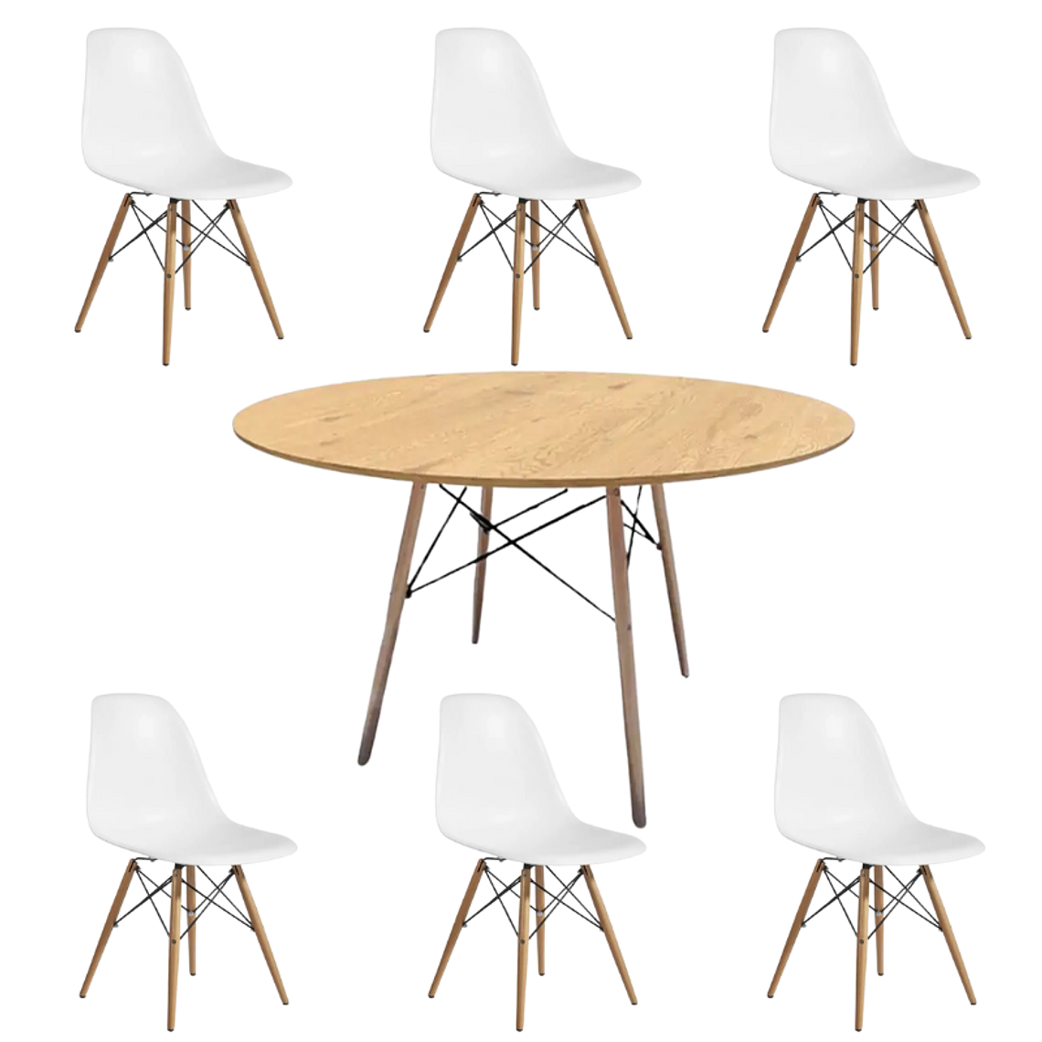 Comedor Oman redondo madera 120 cm con 6 Sillas Eames 1