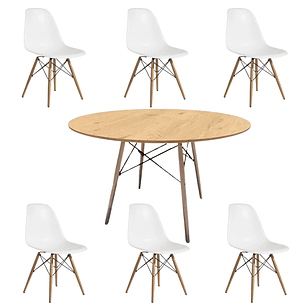 Comedor Oman redondo madera 120 cm con 6 Sillas Eames