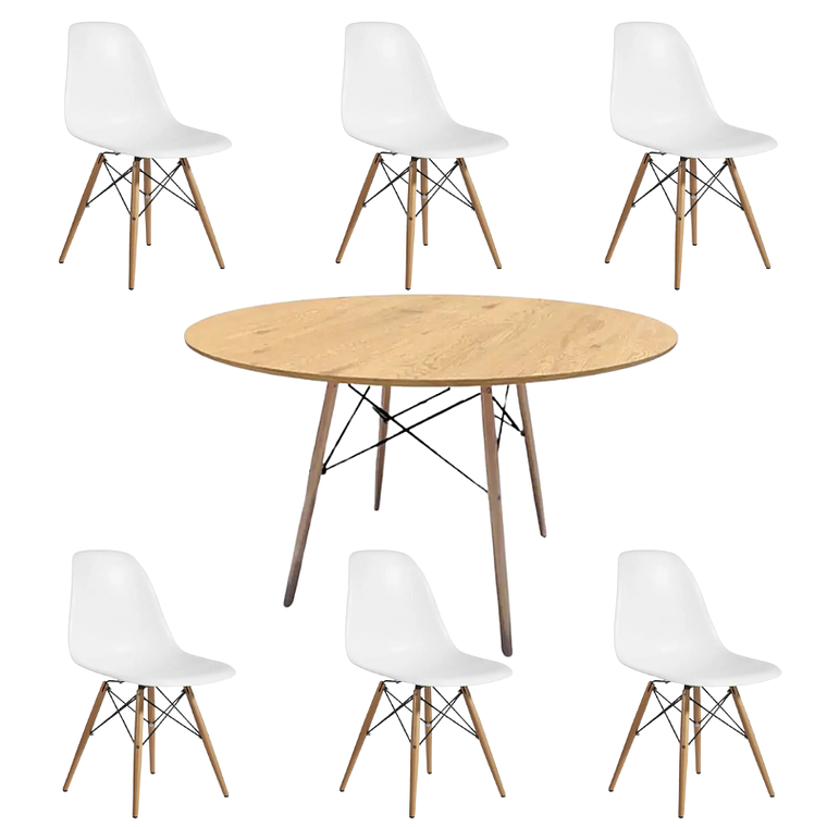 Comedor Oman redondo madera 120 cm con 6 Sillas Eames 1