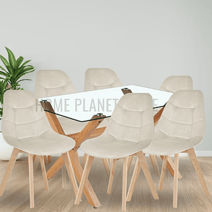 Comedor Kattegat rectangular vidrio 140x90 cm con 6 Sillas Buckle Velvet