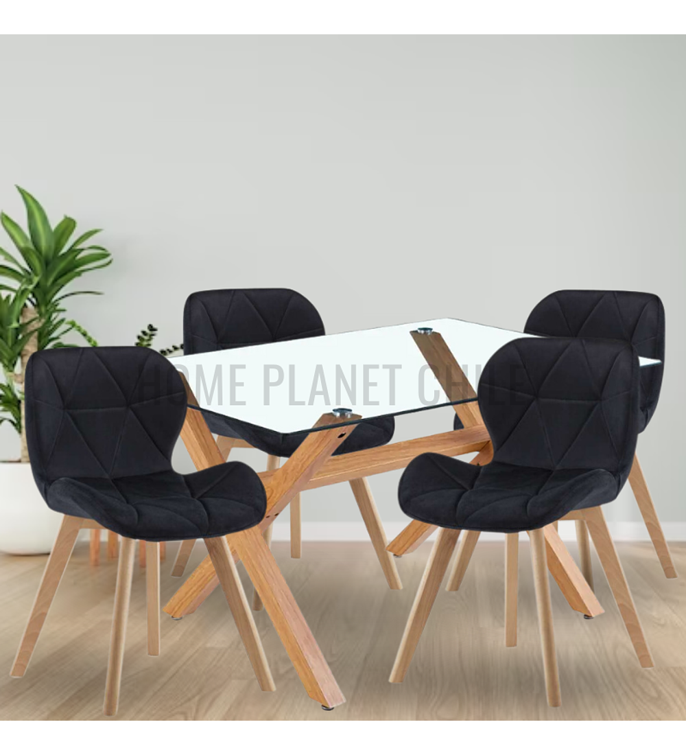 Comedor Hamar rectangular vidrio 130x80 cm con 4 Sillas Radar Velvet