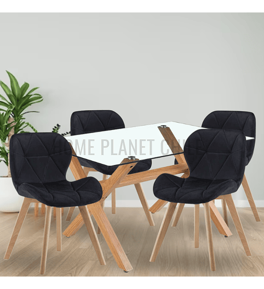 Comedor Hamar rectangular vidrio 130x80 cm con 4 Sillas Radar Velvet